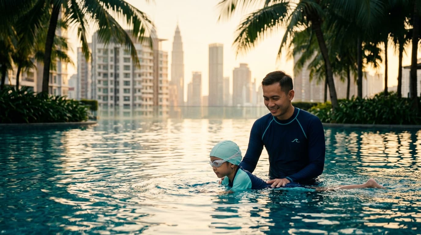 A TrySwim coach guiding a child through a swimming lesson in a KLCC rooftop pool